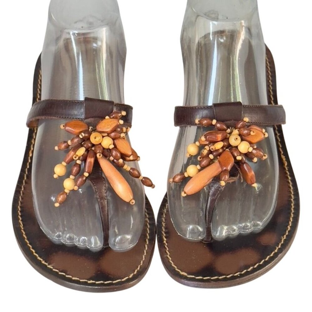 OSCAR De LaRENTA Women's Brown Leather Beaded Sandals Thongs Italy Size 39.5 - Picture 2 of 10